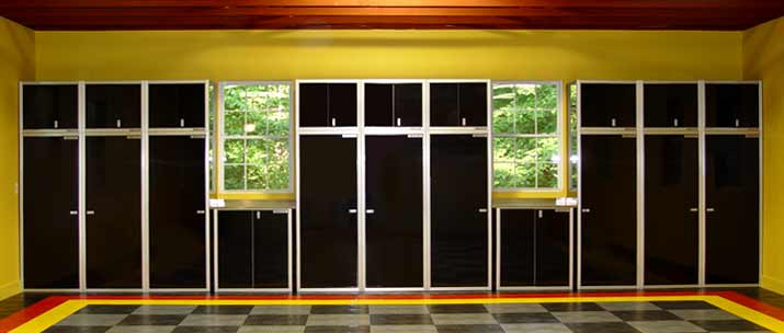 Green Garage with Metal Storage Cabinets